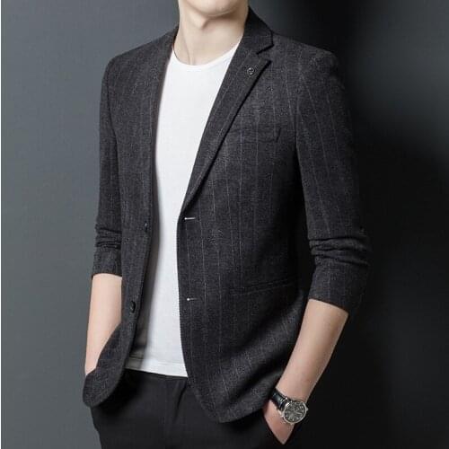 2022 Mens Autumn and Winter Thick Stretch Non-Ironing Striped Slim Fit blazer Youth Double Buckle Business blazer
