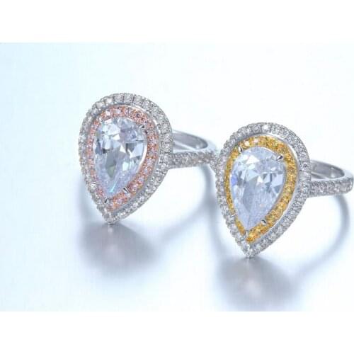 Sparkling Handmade Brand New Luxury Jewelry Water Drop 925 Silver Fill Pear Cut AAA Cubic Zirconia Party Wedding Heart Ring Set