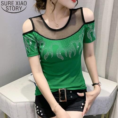 2021 Summer New Off-shoulder Shirt Women Mesh Blouse Spliced Cotton Shirt Diamonds Short Sleeve Blouse Sexy Clothes Tops 14056