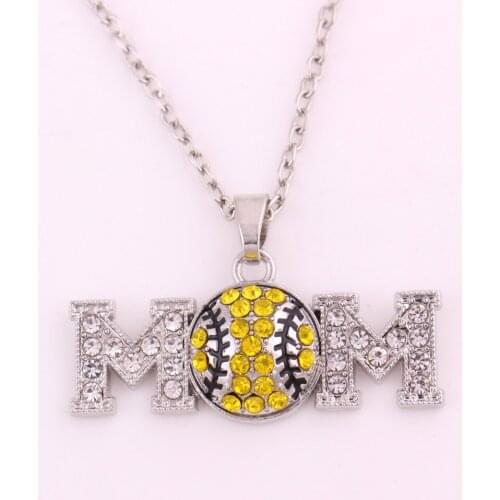 New Arrival zinc studded with sparkling crystal MOM BASEBALL yellow enamel jewellery charm necklace