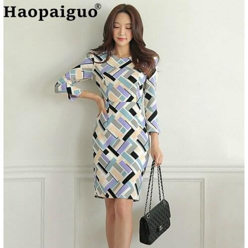 Print Plaid OL Work Office Dress for Ladies Three Quarter Sheath Package Hip Dress Women Fall Clothes Bodycon Slim Dress Ladies