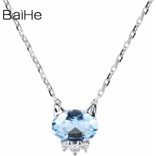 BAIHE Solid 18K White Gold 0.60ct Natural Aquamarine Wedding Trendy Fine Jewelry Elegant Aquamarine Pendant Necklaces For Women