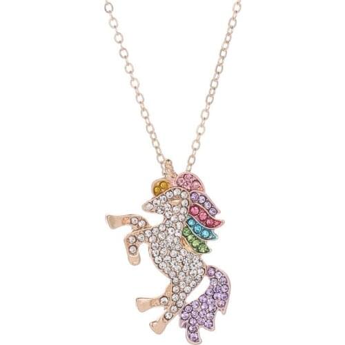 Animal Unicorn Rhinestone Necklace Gold Silver Color Rainbow Crystal Link Chain Horse Pendants Charm Women Accessories Jewelry