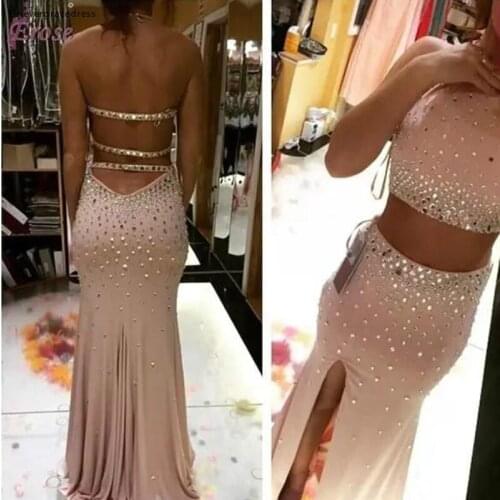 Two Piece Long High Side Split Prom Dress African Crystal Beaded Mermaid Party Gown Custom Made Plus Size