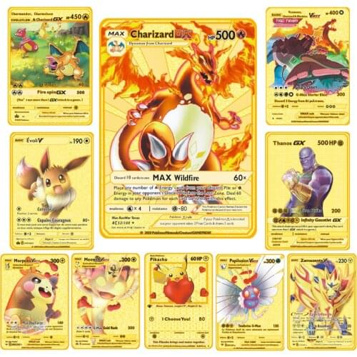 Pokemon French Metal Card Game Anime Battle Card Gold Charizard Pikachu Collection Card Action Figure Model Child Toy