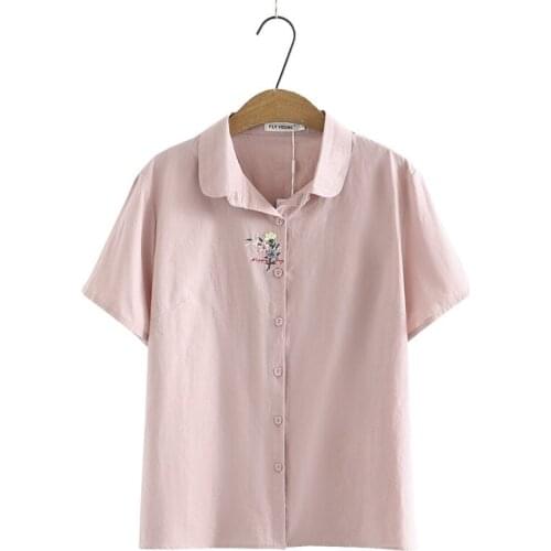 Plus Size XL-4XL Womens Short Sleeve Pink White Blouse Floral Embroidery A-line Tops Oversized Simple Blusas