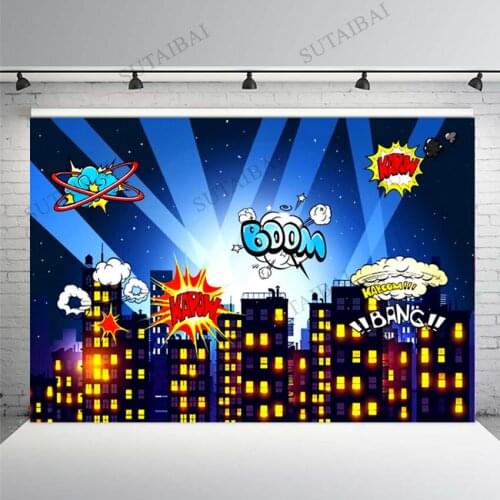 Cartoon Super Hero City Building Photography Backdrop Decoration Banner Child Birthday Party Photocall Photo Background Studio
