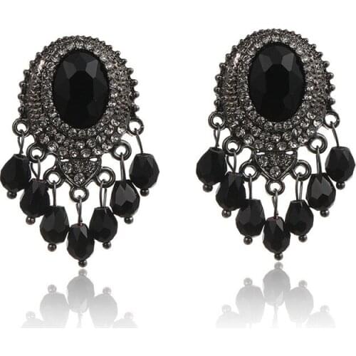 Vintage Bohemian Ellipse Crystal Tassel Shaped Earrings For Women Girls Fashion Geometric Stud Ear Jewelry Party Gifts