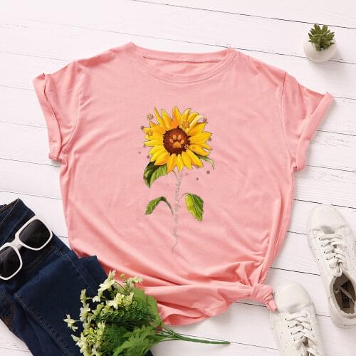 Women Short Sleeve Cotton T-Shirts Graphic Tees Summer Tee Tops for Female Casual Oversized Clothes Paw Sunflower Print Top