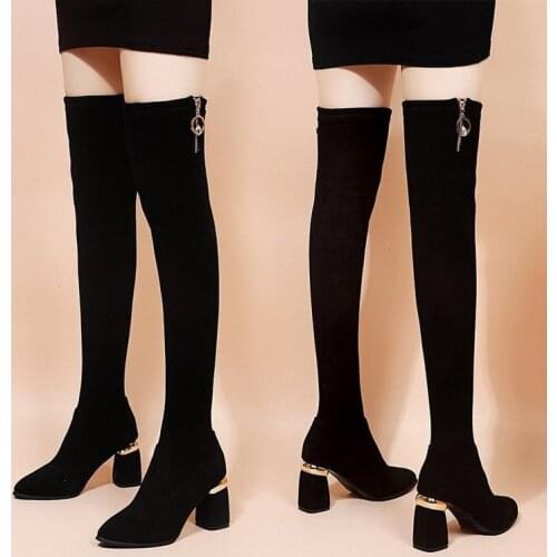 Over-the-Knee Boots Female New Autumn/Winter Thick Heel Slim-Fit Thigh-High Side Zipper High Leg Heeled Womens Stretch Boots
