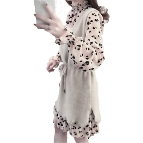 2021 New Arrivals Womens Two Piece Sets Faux Mink Wool Knitted Vest Sweater Suits Lady Dot Dress Beaded Female Mermaid Dresses