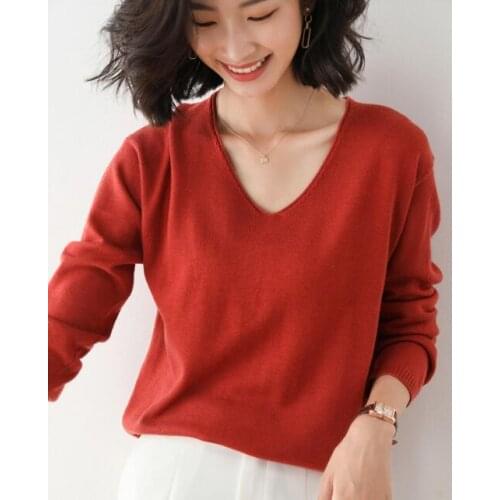 Womens autumn thin V-neck sweater womens short long-sleeved bottoming shirt loose large size pullover sweater