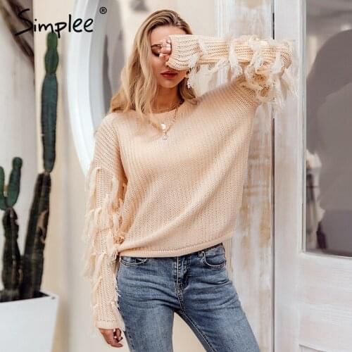 Simplee O neck tassel pullover sweater Casual army green long sleeve sweater 2018 Autumn winter sexy outerwear femme