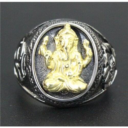 2015 Mens Boys 316L Stainless Steel Biker The Goddess Of Mercy Gold Elephant Buddha Ring Factory Price