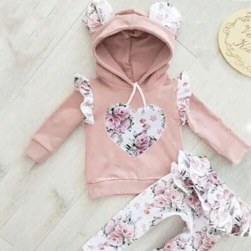 2020 Baby Girl Newborn Hooded Floral Tops Sweatshirt Ruffle Pants Outfit Clothes Tracksuits 0-24M