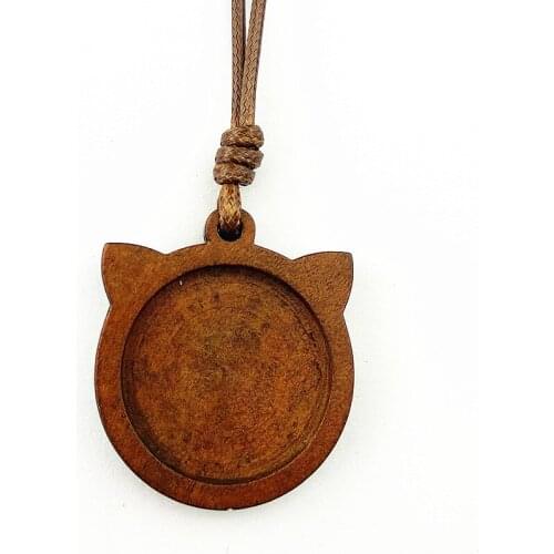 24pcs /lot 2020 new design Lovely cats head wood cabochon 25mm dia blank Pendant with Wax Rope for party gift Necklace making