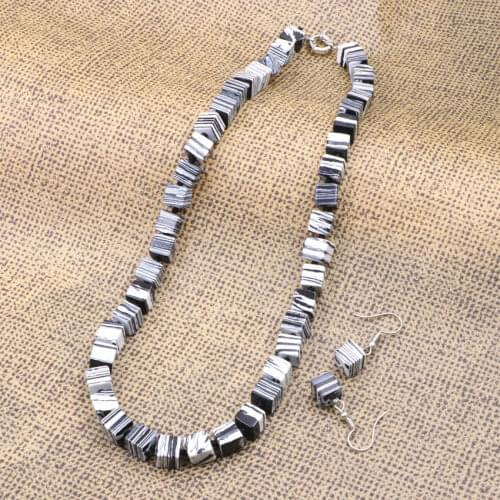 Black White Zebra Turquoises Stone Necklace Earrings Jewelry Set 8mm Cube Beads Short Chain Dangle Statement Women Sets 18" A947