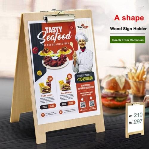 A4 A Frame Clipboard File Form Holder Menu Board Wooden Menu Holder With Metal Clip For Displaying Stand