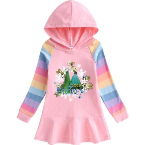 Disney Frozen Dress Rainbow Childrens Long Sleeve Hooded Anna Elsa Princess Dress Cartoon Girls Christmas Kids Clothes
