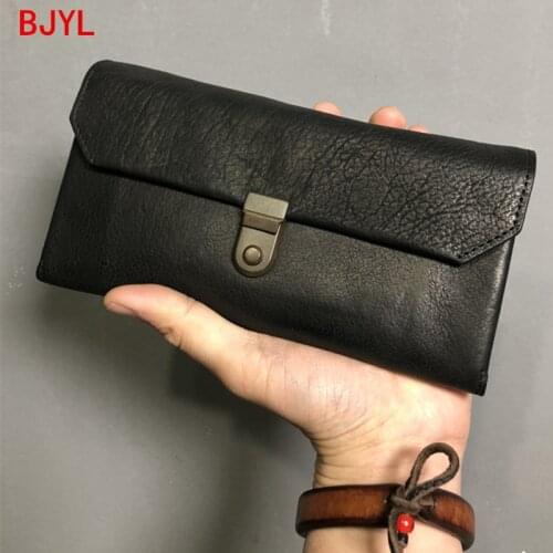Handmade Large-capacity Long Wallet Men Leather Clutch Bag Multifunctional Wallet Mobile Phone Bag Retro Purse Genuine Leather