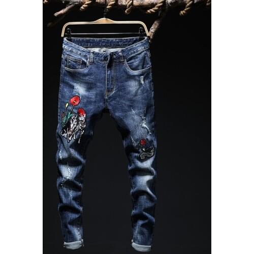 Dark Blue Jeans Mens Straight Leg Pants Embroidery Red Rose Slim Stretch Mens Trendy Trousers Free Shipping