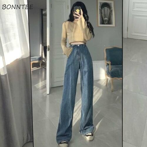 Jeans Women Full Length Retro Mopping Zipper Wide Leg Trousers Loose Casual Solid Denim Basic Classic Soft Blue Fitness Spring