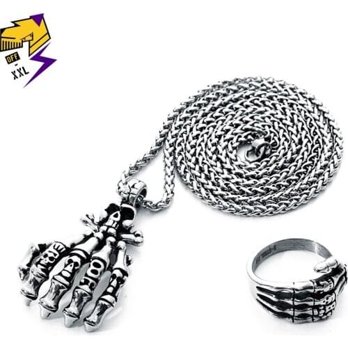 Personality Skeleton Finger Ring Stainless Steel Silver Skull Pendant Long Chain Necklace Male Female Vintage Punk Jewelry Sets