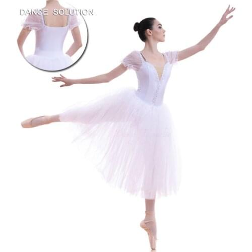 Puff Sleeve Snow White Ballerina Costume Long Ballet Dance Tutu Leotard Dress 18034