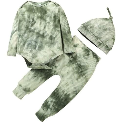 2021 Newborn Infant Baby Boys Girls Clothes Set Fashion Tie Dye Autumn Spring Long Sleeve Romper Pants Hat Outfits 3-18M