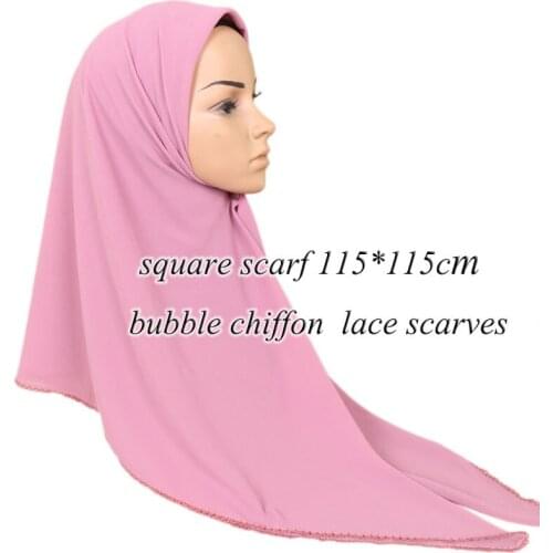 LMLAVEN square scarf plain bubble chiffon lace scarves solid color lace edges hijab muslim wraps shawls kerchief size 115*115cm