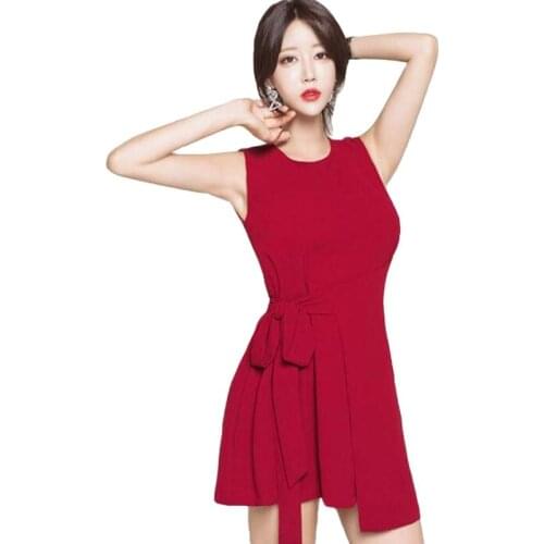 Summer Red Dresses Oneck Sleeveless Womens Dress Office Ladies Elegant Bodycon Sexy Party Lace Up Mini Asymmetrical Sundress2018