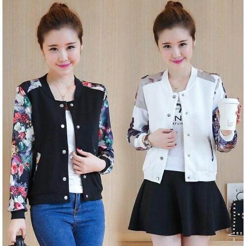 Fashion printed Short Jacket Women Autumn Fashion coat Stand Collar Long Sleeve slim jacket Zipper Baseball Basic Jacket Coat