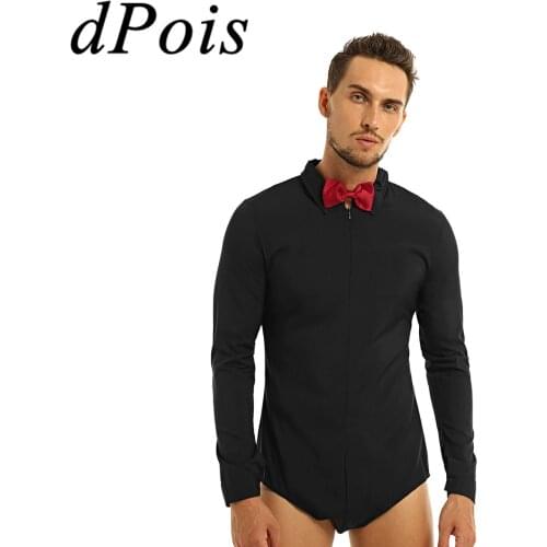 Mens Zipper Latin Dance Dress Shirt with Bowtie One piece Romper Shirts Ballroom Dance Wear for Men Long Sleeves Bodysuit Shirts