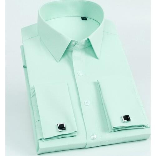 Mens French Cuff Dress Shirt Long Sleeve Slim Fit Tuxedo Shirts with Cufflinks Poly/Cotton Double Button Collar