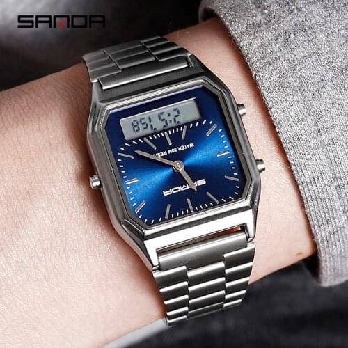 2019 New Sanda Men Watches Retro Stainless Steel Band Digital Display erkek kol saati zegarek damski relogios Wristwatches