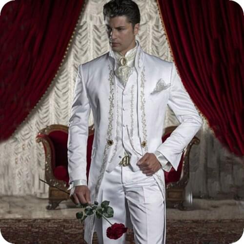 Costume Homme Vintage White Tailcoat Pattern Men Suits Wedding Suits for Man Blazer Long Jacket 3Piece Pants Vest Groom Tuxedo