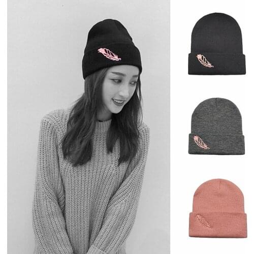 Soft Knitted Cap Female Womens Cotton Beanies for Girl Winter 2020 Casual Unisex Embroidery Leaf Warm Hats Solid Bonnet Autumn