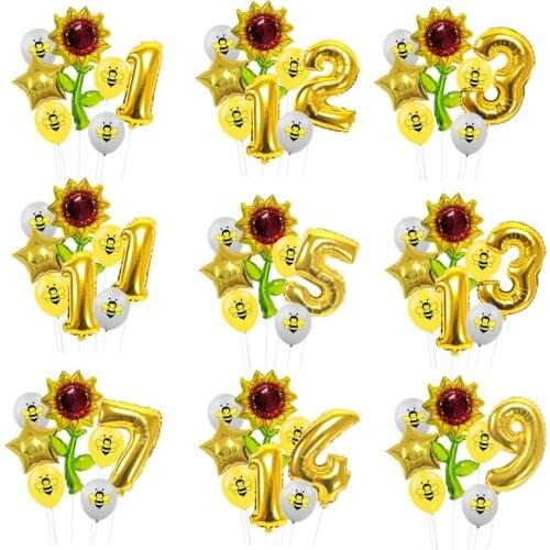 Giant Sunflower Balloons Set 32inch Number Foil Balloons 12inch Honeybee Latex Balloon Bee Childrens Birthday Party Decorations