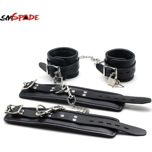 Bondage Slave Adult Toys Restraint Handcuffs Ankle Cuffs with Locking Buckles Locks Keys Leather Sex Handcuffs & Wrist Cuffs