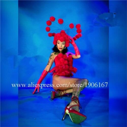 Nightclub Party Evening Dress New Year Women Ballroom DS Costumes Red Chinese Style Dance Team Sexy Lady Clothes With Headdress