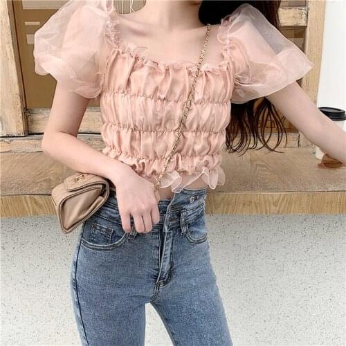 New Sexy Slash Neck Off Shoulder Organza Blusas Women 2019 Summer Pleated Shirts Short Puff Sleeve Blouse Vintage Lady Crop Tops