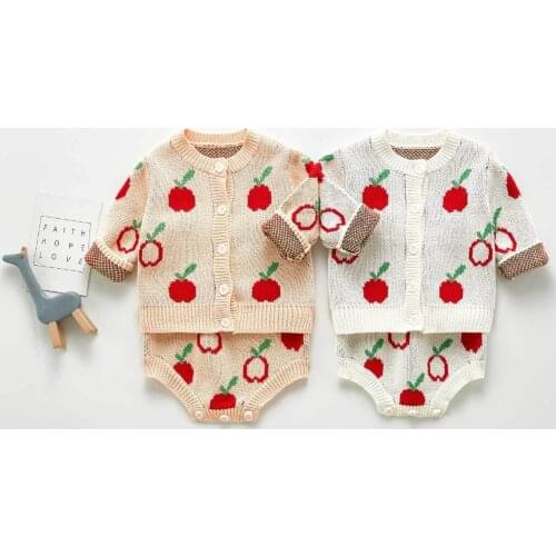 New Arrival Kids Girls Apple Pattern Knit Romper Cardigan Optional