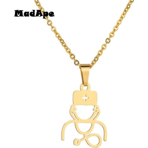 MadApe Trendy Stethoscope Pendant Necklace Stainless Steel Gold Color Sweater Chain For Women Choker For Doctor Jewelry Necklace
