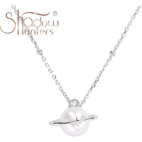 SHADOWHUNTERS Pure 925 Sterling Silver Pearl Pendant Necklace Planet Necklaces Crystal Luxury Jewelry For Woman Anniversary Gift