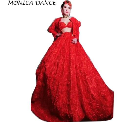 Jacket+Bra+Skirt) Sexy Red Flowers Crystals Dance Outfit Sexy 3 Pieces Birthday Dinner Party Dresses Singer Dancer Costume