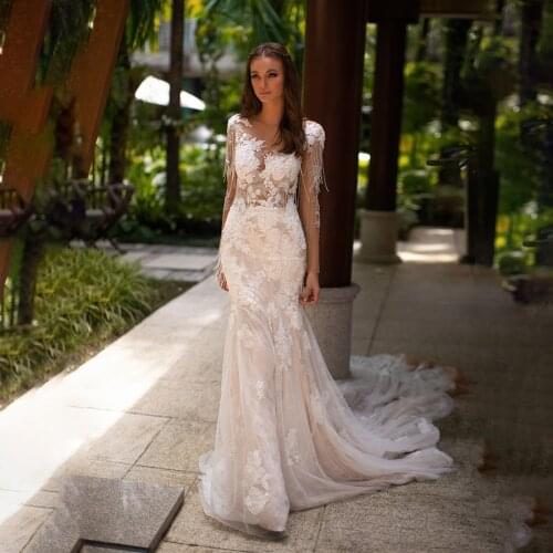 Sheer Bodice with Lace Applique Mermaid Champagne Long Sleeves Wedding Dress with Jewel Beading Bridal Dresses robe rouge