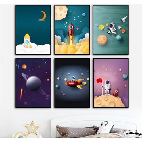 Airplane Vehicle Car Nursery Canvas Poster Print Wall Art Canvas Spaceship Picture Painting Astronaut Rocket Boy Bedroom Decor
