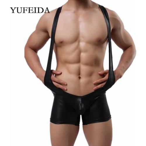 Sexy Mens Undershirts PU Leather Wetlook Black Bodysuits One-Piece Leotard Jumpsuits Wrestling Singlet Underwear Overalls Boxers