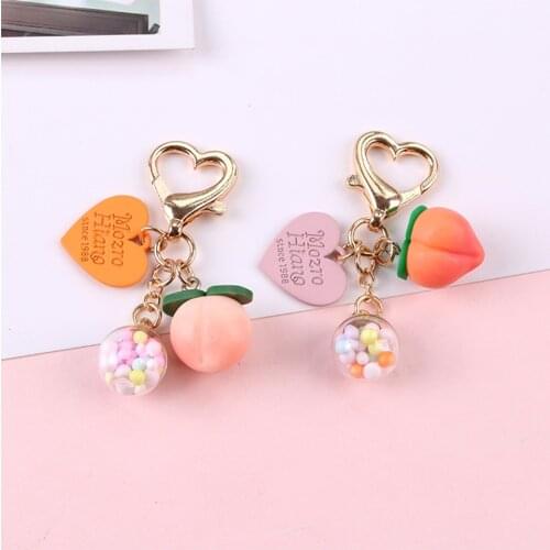 Cute Korean 3D Fresh Peach Keychains for Women Glass Ball Pendant Car Key Decor Keyring for Airpods Case Bag Bakpack Cloth Charm