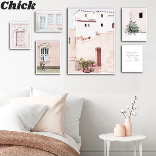 Nordic Pink Door Architecture Cactus Posters Prints Islamic Wall Art Morocco Canvas Painting Pictures For Living Room Home Decor